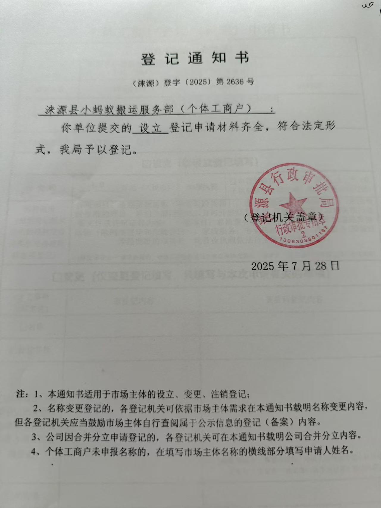涞源县小蚂蚁搬运服务部登记通知书.jpg