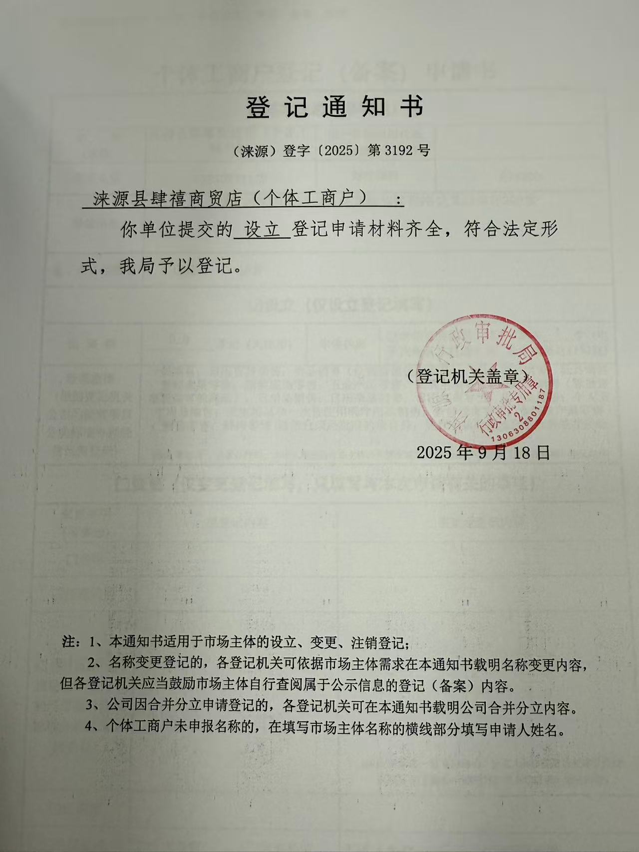 涞源县肆禧商贸店登记通知书.jpg